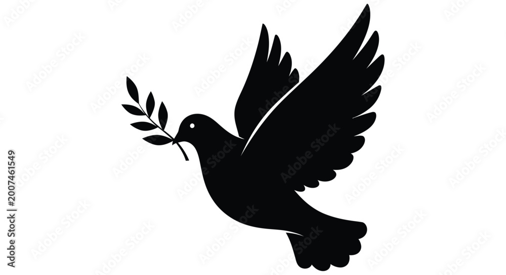 Fototapeta premium A black silhouette of a dove in flight holding an olive branch in its beak