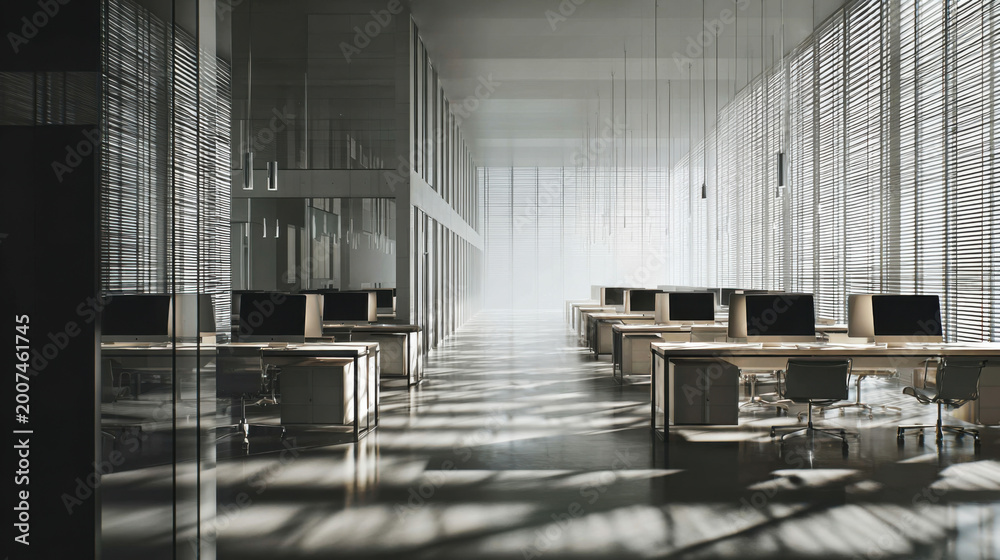 Naklejka premium Modern office space with large windows and workstations during day light hours showing long shadows and clean lines