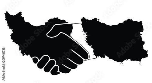 Photos A black and white illustration of two hands shaking forming the shape of iran
