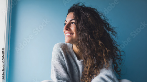 A young woman with curly hair sits near a blue wall and smiles. The light from the window brightens the room. She looks happy and relaxed during a casual moment at home.