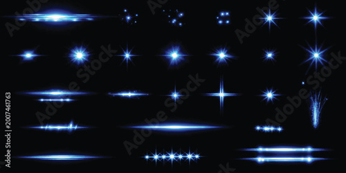 Schilderij op canvas Set of bright blue light flares and glowing star effects isolated on a dark blac