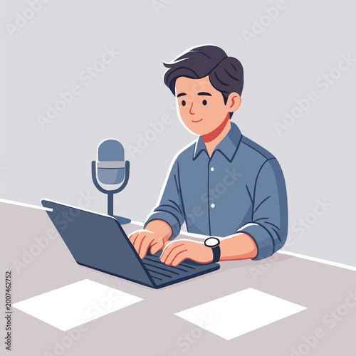 Flat Illustration Of A Man In A Blue Shirt Typing On A Laptop With A Microphone And Papers On A