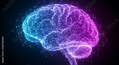 Digital human brain model with glowing neural network connections