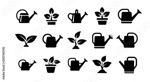 Gardening Icons: Watering Cans and Plants Silhouette Collection