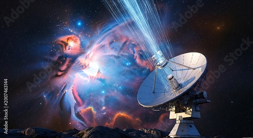 Radio telescope observing a vibrant nebula in deep space