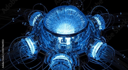 Futuristic glowing blue energy core with fiber optic cables