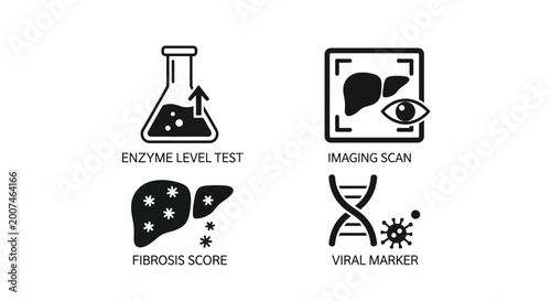 Medical Icons: Liver Health, Enzyme Test, Imaging, Fibrosis, Viral Marker