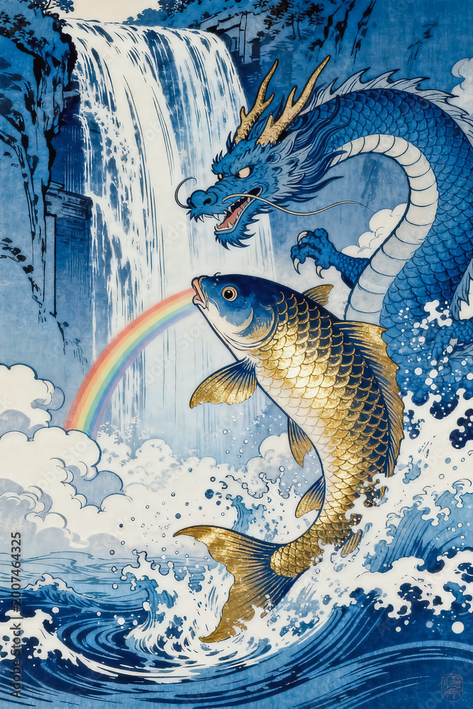 Fototapeta premium Traditional ukiyo-e artwork depicts a golden carp leaping amidst ocean waves before a waterfall, with a blue Eastern dragon watching nearby, accented by a small rainbow.