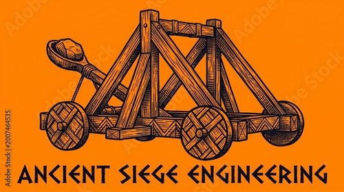 Detailed black illustration of a wooden catapult with triangular frame, wheels, and throwing arm, symbolizing ancient siege technology, engineering, and historical warfare against bold orange backgrou