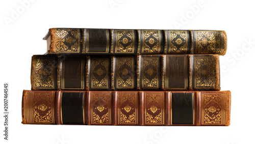 Canvas Print Stack of antique leather-bound books with gold tooling, isolated on transparent