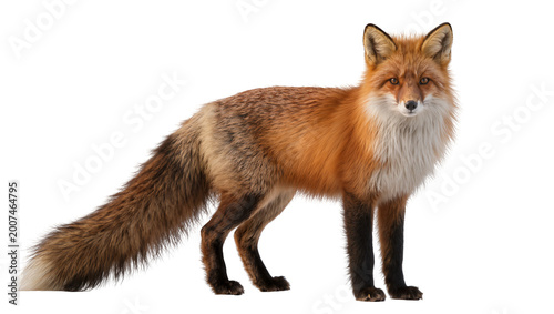 Quadro su tela Red fox with bushy tail and white chest fur, isolated on transparent background
