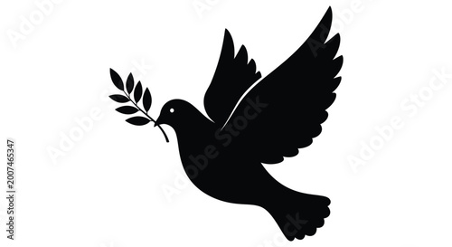 Fotografie A silhouette of a white dove carrying an olive branch in its beak