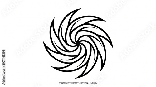 Abstract black spiral vortex of eight curved blade-like shapes arranged symmetrically, symbolizing motion, rotation, and energy in dynamic geometric design with balanced visual symmetry.