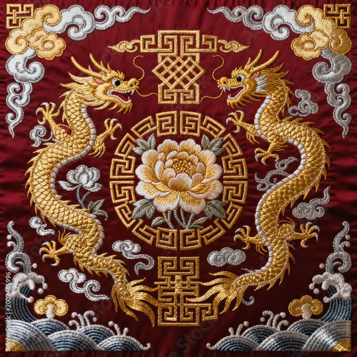 This is a traditional Chinese embroidered textile piece, featuring double golden dragons, a central peony, auspicious cloud and wave motifs, and classic cultural symbols on a deep red silk background.