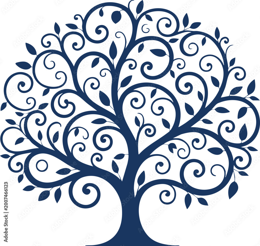 Obraz premium Elegant Swirl Tree Silhouette with Decorative Leaves