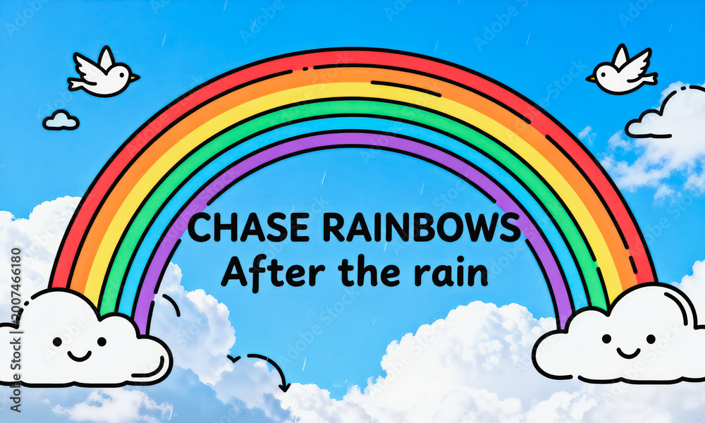 Fototapeta premium This cute cartoon illustration features a rainbow over a blue cloudy sky, with inspirational text and smiling clouds and flying birds, creating a warm, positive scene.