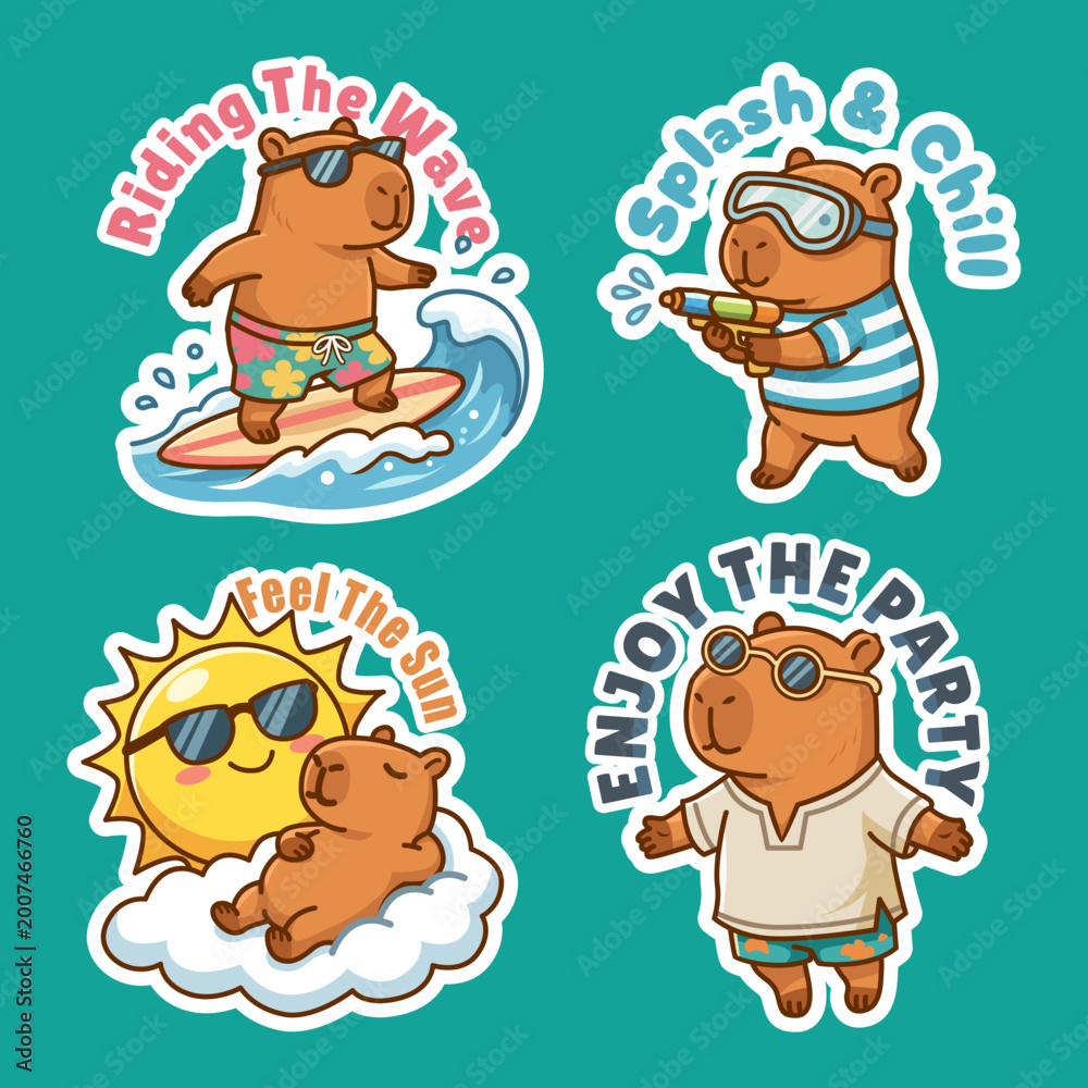 Fototapeta premium Cute Capybara Summer Activity Set Beach, Pool Float, Sandcastle Cartoon Collection