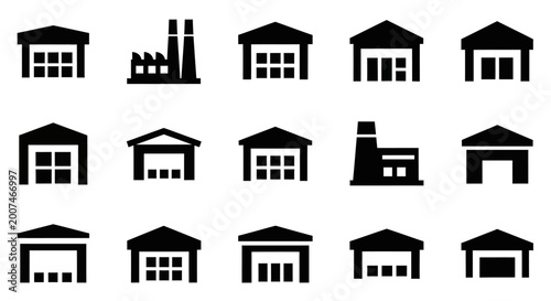 Warehouse Icons Set - Industrial Building and Storage Facility Symbols