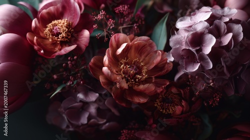 Lush floral arrangement featuring deep pink and maroon blossoms.