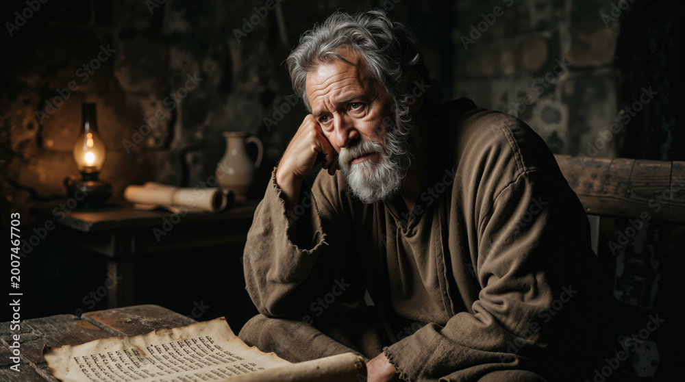 Obraz premium Elderly man in historical robes reflecting in a dimly lit room. Biblical prophet Jeremiah concept with ancient scroll