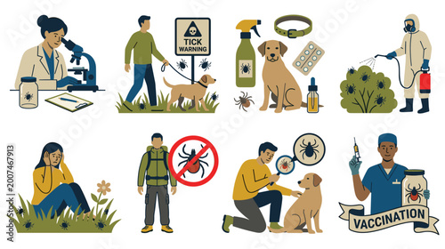 Foto Set of icons with different characters and dogs suffering from ticks