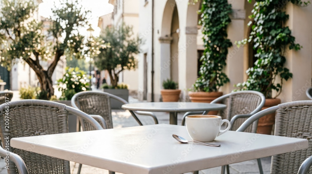 Fototapeta premium Outdoor Café Table with Coffee Cup and Spoon on Sunny Street for Lifestyle Photography