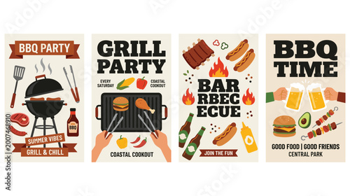 Tableau sur toile Summer outdoor feast poster set featuring grill charcoal burger and drinks