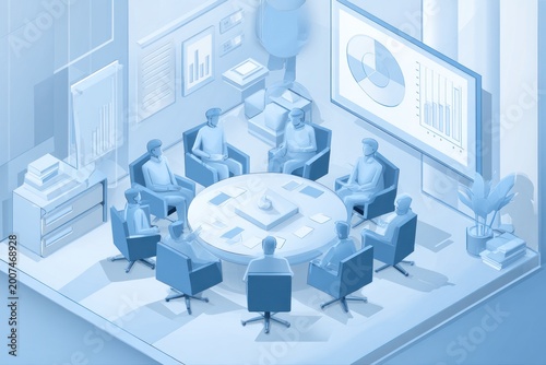 Meeting in a light blue room