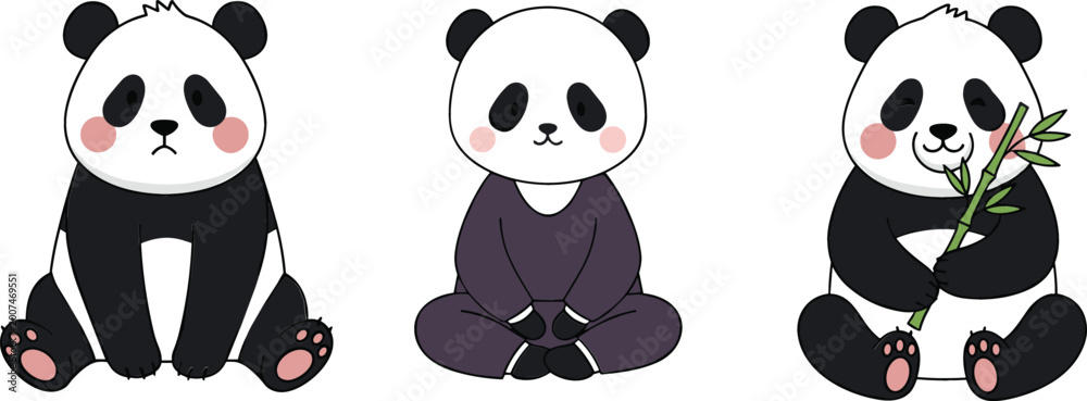 Obraz premium Cute panda cartoon characters set with sitting poses and bamboo, adorable bear illustrations, minimalist animal vector collection isolated on light background
