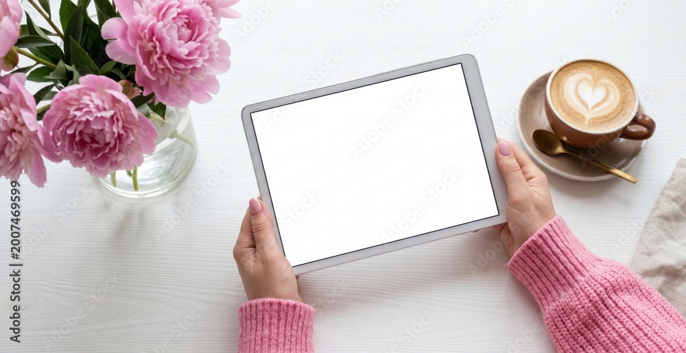 Obraz premium Woman Holding Tablet with Blank Screen and Coffee on White Table for Web Design