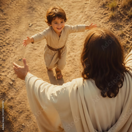 little boy running to jesus with open arms warm top view cinematic of faith love and emotional connection christian religion concept