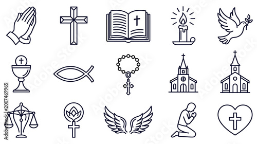 Tableau sur toile Religious symbols praying hands cross holy bible candle dove church icons