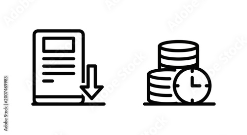 Pending transactions icons: document with arrow and stacked coins with clock transactions document currency business commerce exchange investment merchandise operation shopping