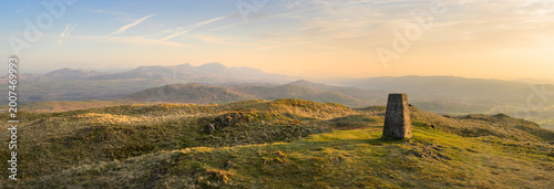 Panoramic view of Western Fells Old Man of Coniston, seen from summit cairn of Great Burney, Lake District, UK.
