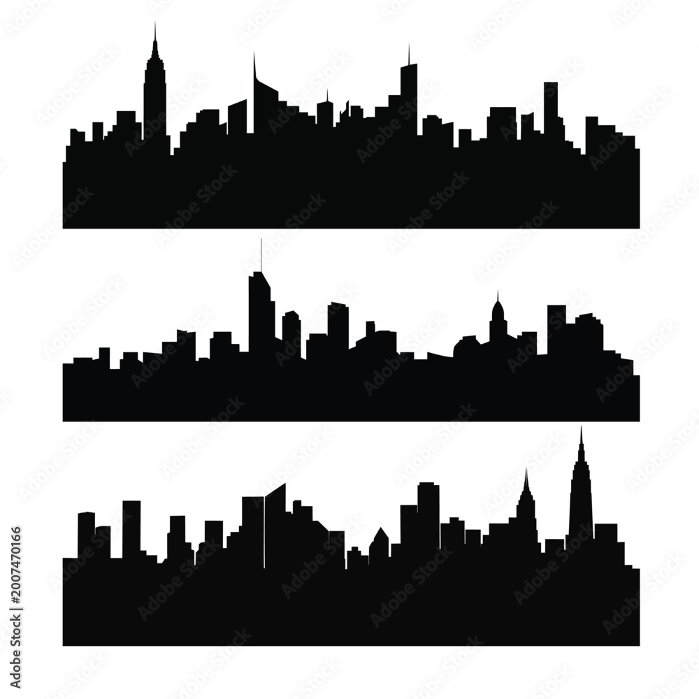 Fototapeta premium City Skyline Silhouettes Set – Urban Cityscape Panoramas with Skyscrapers Vector Illustration Collection