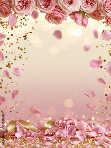 Pink roses and gold confetti framing a soft floral background