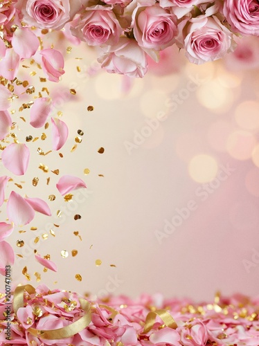 Pink roses and gold confetti framing a soft floral background