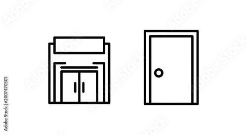 Icons representing venue exit and a closed door with building entrance architecture emergency interior exterior illustration structure rectangle direction navigation location placeholder