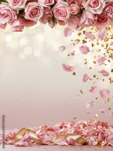 Pink roses and gold confetti framing a soft floral background