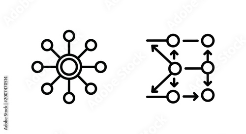Centralized and decentralized network connection icons representing data distribution and system architecture with connection distribution decentralized centralized architecture structure