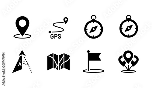 8 Navigation icons map pin GPS compass flag and route, outline solid styles, UI and web interface design