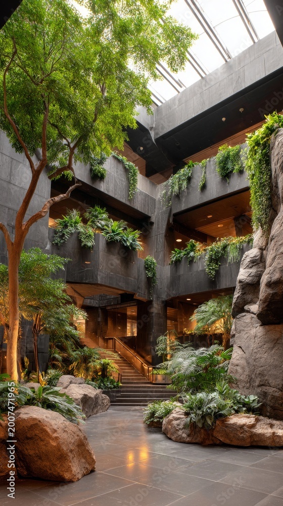 Fototapeta premium Lush indoor garden featuring stone elements and plants in a modern architectural space.