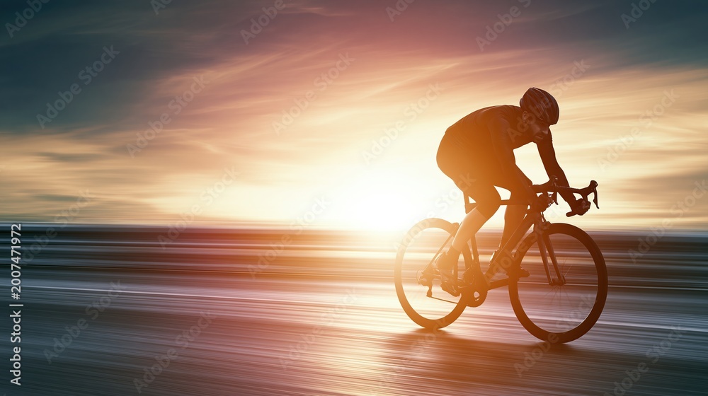 Fototapeta premium Male road cyclist riding at speed on empty paved road by sea against warm golden sunset sky with motion blur captures dynamic cycling training concept