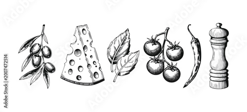 Billede på lærred Hand Drawn Food Illustration Set – Cheese, Olives, Cherry Tomatoes, Chili Pepper