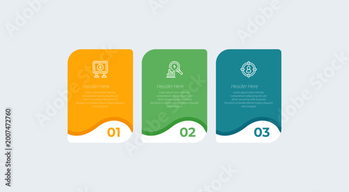 Three colorful infographic templates with headers and placeholder text.