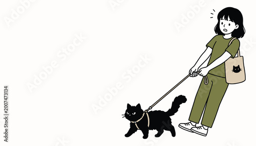 Billede på lærred Young woman pulling stubborn black cat on a leash illustration representing pet