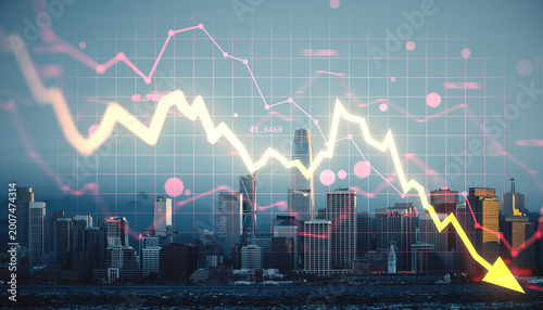 City skyline with illuminated falling financial chart overlay symbolizing economic downturn against grid and abstract light background in dramatic style..