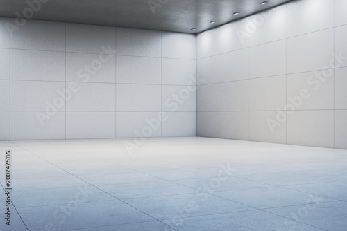 Bright empty modern interior room with clean contemporary walls and spacious light background creating a minimalist blank space for creative mockup display. 3D Rendering