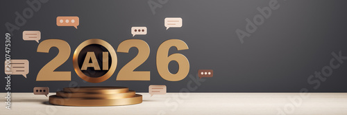 AI 2026 golden futuristic display with floating chat symbols on dark backgrou...