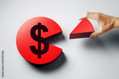 Fotografi Red pie chart with dollar symbol and hand taking a slice on light background illustrating financial distribution concept